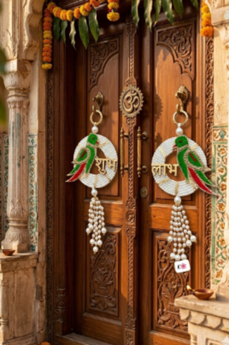 handmade shubh labh parrot door hanging decorative  traditional wall hanging decor for home decor (pack of 2)