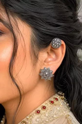 Oxidized Silver Bugadi Ear Cuff, Tribal Brass Helix Ear Climber, Indian Boho Jewelry