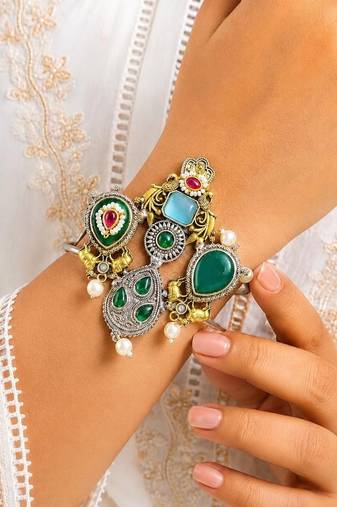 Statement Oxidized Silver Brass Cuff Bracelet, Tribal Green Stone Pearl Ethnic Kada