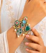 Statement Oxidized Silver Brass Cuff Bracelet, Tribal Green Stone Pearl Ethnic Kada