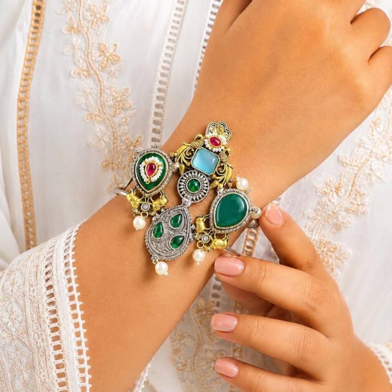 Statement Oxidized Silver Brass Cuff Bracelet, Tribal Green Stone Pearl Ethnic Kada