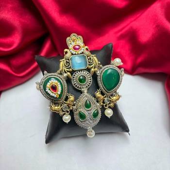 Statement Oxidized Silver Brass Cuff Bracelet, Tribal Green Stone Pearl Ethnic Kada 3