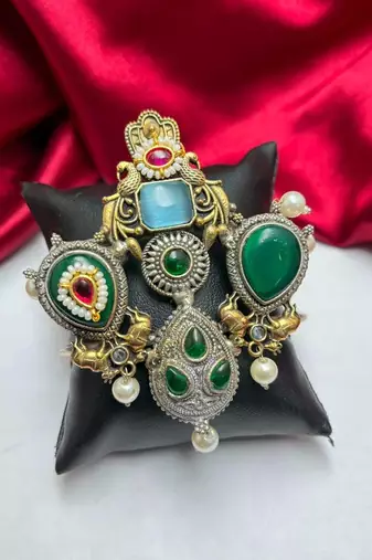 Statement Oxidized Silver Brass Cuff Bracelet, Tribal Green Stone Pearl Ethnic Kada