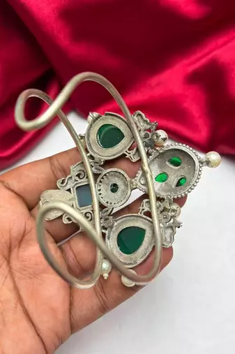 Statement Oxidized Silver Brass Cuff Bracelet, Tribal Green Stone Pearl Ethnic Kada