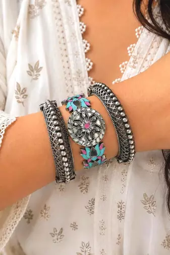 Lotus Meenakari work kadas, Statement kundan studded bracelet set of 3 pc, Indian Hand Kadas Festive jewelry
