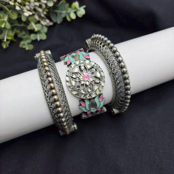 Lotus Meenakari work kadas, Statement kundan studded bracelet set of 3 pc, Indian Hand Kadas Festive jewelry 2