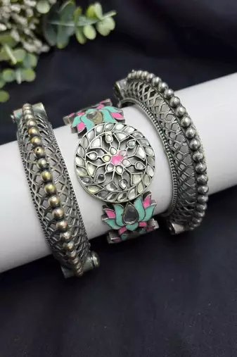 Lotus Meenakari work kadas, Statement kundan studded bracelet set of 3 pc, Indian Hand Kadas Festive jewelry