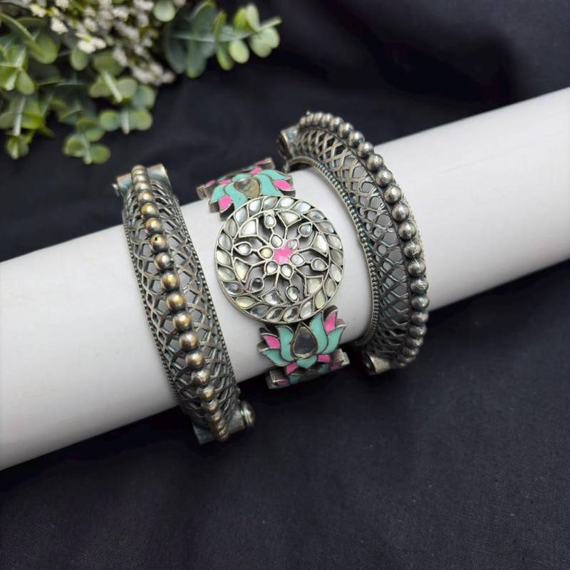 Lotus Meenakari work kadas, Statement kundan studded bracelet set of 3 pc, Indian Hand Kadas Festive jewelry