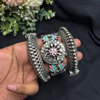 Lotus Meenakari work kadas, Statement kundan studded bracelet set of 3 pc, Indian Hand Kadas Festive jewelry 3