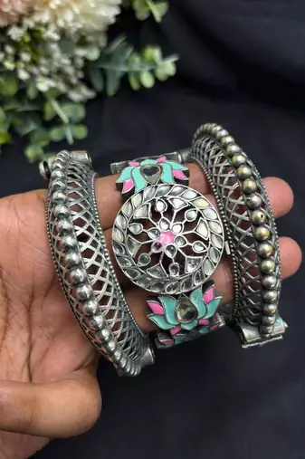 Lotus Meenakari work kadas, Statement kundan studded bracelet set of 3 pc, Indian Hand Kadas Festive jewelry