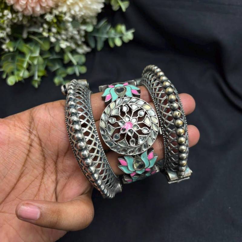 Lotus Meenakari work kadas, Statement kundan studded bracelet set of 3 pc, Indian Hand Kadas Festive jewelry