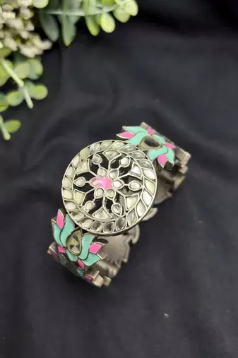Lotus Meenakari work kadas, Statement kundan studded bracelet set of 3 pc, Indian Hand Kadas Festive jewelry