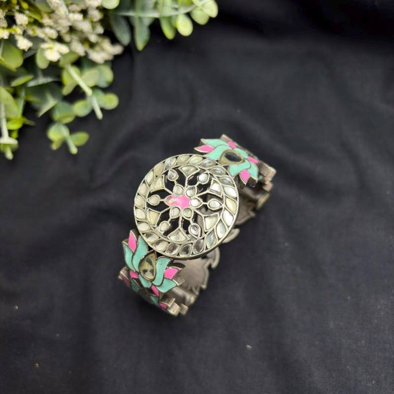 Lotus Meenakari work kadas, Statement kundan studded bracelet set of 3 pc, Indian Hand Kadas Festive jewelry