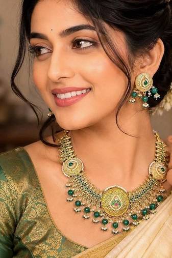 Antique Gold Green beaded Temple Necklace Set, South Indian Kundan Bridal wedding Traditional Jewelry