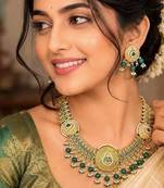 Antique Gold Green beaded Temple Necklace Set, South Indian Kundan Bridal wedding Traditional Jewelry