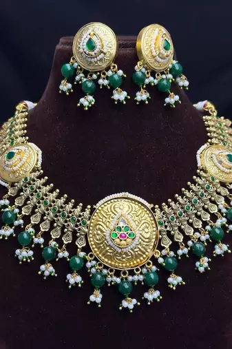 Antique Gold Green beaded Temple Necklace Set, South Indian Kundan Bridal wedding Traditional Jewelry