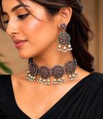 Red Green Stone Choker set, Indian Ethnic Navratri Festive necklace set with pearl danglers