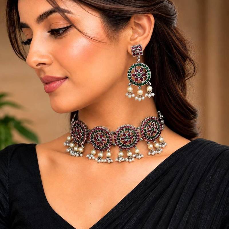 Red Green Stone Choker set, Indian Ethnic Navratri Festive necklace set with pearl danglers