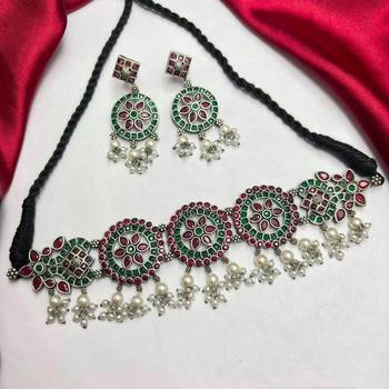 Red Green Stone Choker set, Indian Ethnic Navratri Festive necklace set with pearl danglers 2