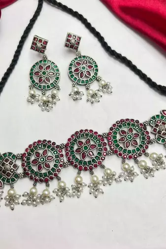 Red Green Stone Choker set, Indian Ethnic Navratri Festive necklace set with pearl danglers
