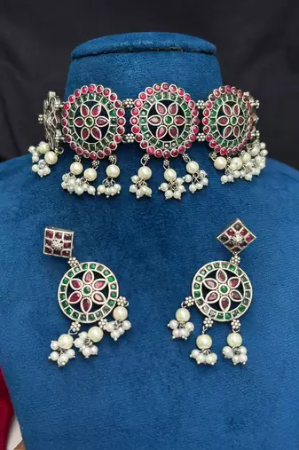 Red Green Stone Choker set, Indian Ethnic Navratri Festive necklace set with pearl danglers