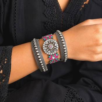 Lotus Meenakari Kundan Kada Set, Oxidised Silver Hand Bangle, Indian Bridal Jewelry 1