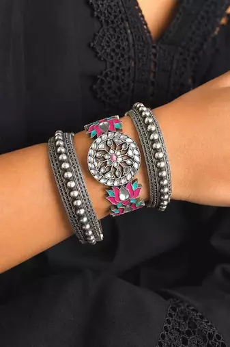 Lotus Meenakari Kundan Kada Set, Oxidised Silver Hand Bangle, Indian Bridal Jewelry