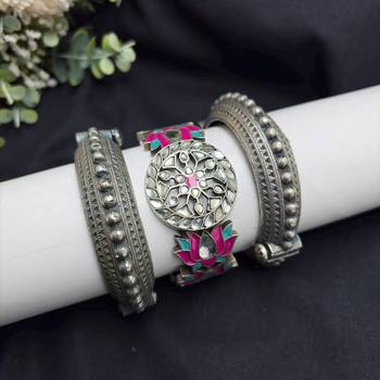 Lotus Meenakari Kundan Kada Set, Oxidised Silver Hand Bangle, Indian Bridal Jewelry 2