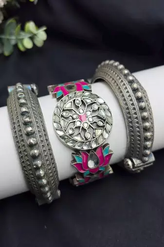 Lotus Meenakari Kundan Kada Set, Oxidised Silver Hand Bangle, Indian Bridal Jewelry