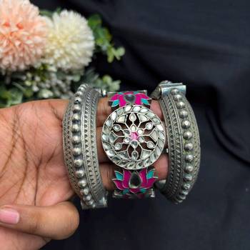 Lotus Meenakari Kundan Kada Set, Oxidised Silver Hand Bangle, Indian Bridal Jewelry 3