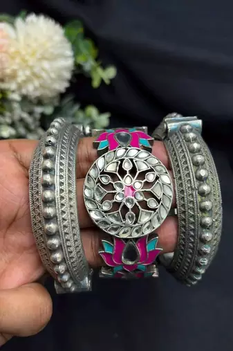 Lotus Meenakari Kundan Kada Set, Oxidised Silver Hand Bangle, Indian Bridal Jewelry