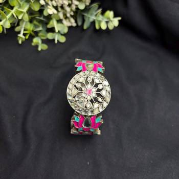 Lotus Meenakari Kundan Kada Set, Oxidised Silver Hand Bangle, Indian Bridal Jewelry 4