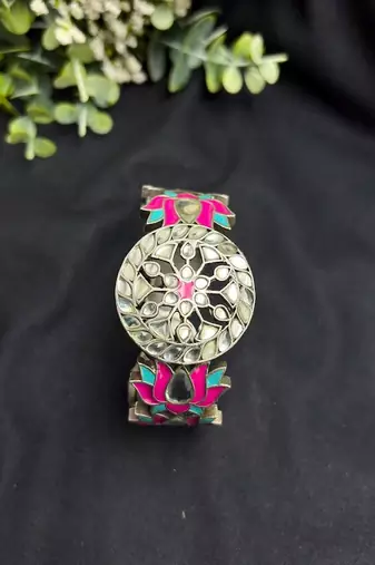 Lotus Meenakari Kundan Kada Set, Oxidised Silver Hand Bangle, Indian Bridal Jewelry
