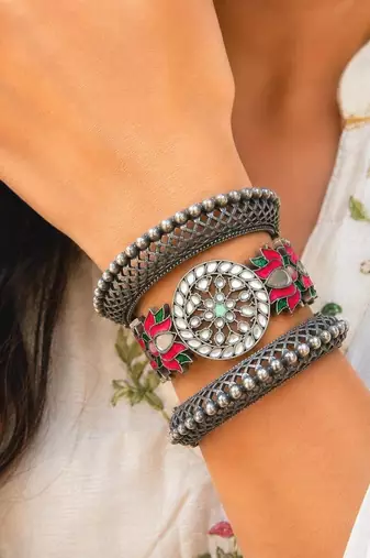 Oxidized Silver Brass Kada Bracelet Set, Floral Statement Bangles, Boho Cuffs, Tribal Indian Jewelry