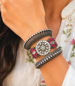 Oxidized Silver Brass Kada Bracelet Set, Floral Statement Bangles, Boho Cuffs, Tribal Indian Jewelry