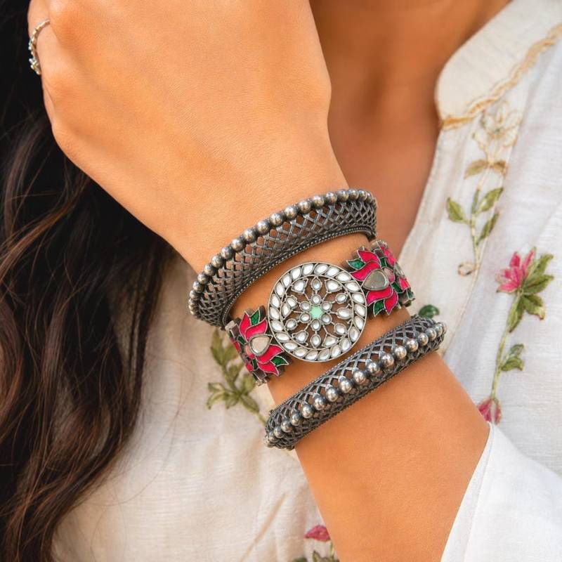 Oxidized Silver Brass Kada Bracelet Set, Floral Statement Bangles, Boho Cuffs, Tribal Indian Jewelry