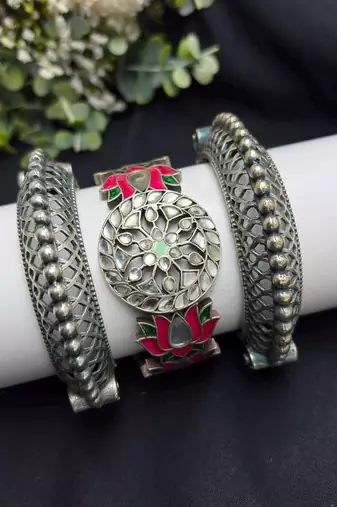 Oxidized Silver Brass Kada Bracelet Set, Floral Statement Bangles, Boho Cuffs, Tribal Indian Jewelry