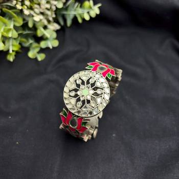 Oxidized Silver Brass Kada Bracelet Set, Floral Statement Bangles, Boho Cuffs, Tribal Indian Jewelry 3