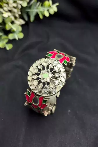 Oxidized Silver Brass Kada Bracelet Set, Floral Statement Bangles, Boho Cuffs, Tribal Indian Jewelry