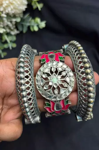 Oxidized Silver Brass Kada Bracelet Set, Floral Statement Bangles, Boho Cuffs, Tribal Indian Jewelry