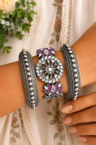 Oxidized Silver Lotus Kada Bracelet Set, Indian Ethnic Boho Jewelry