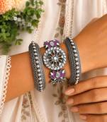 Oxidized Silver Lotus Kada Bracelet Set, Indian Ethnic Boho Jewelry