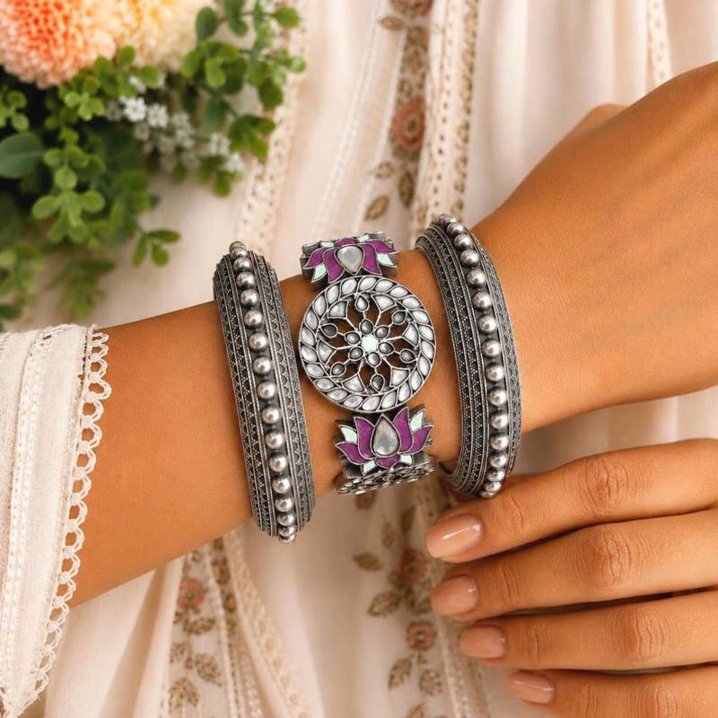 Oxidized Silver Lotus Kada Bracelet Set, Indian Ethnic Boho Jewelry