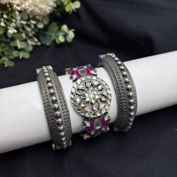 Oxidized Silver Lotus Kada Bracelet Set, Indian Ethnic Boho Jewelry 2