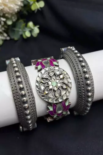 Oxidized Silver Lotus Kada Bracelet Set, Indian Ethnic Boho Jewelry