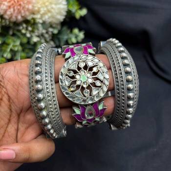 Oxidized Silver Lotus Kada Bracelet Set, Indian Ethnic Boho Jewelry 3