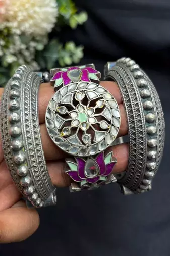 Oxidized Silver Lotus Kada Bracelet Set, Indian Ethnic Boho Jewelry
