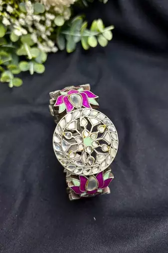 Oxidized Silver Lotus Kada Bracelet Set, Indian Ethnic Boho Jewelry