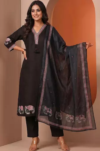 Women Ethnic Motifs Embroidered Regular Thread Work Kurta with Trousers & With Dupatta