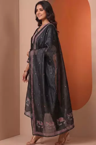 Women Ethnic Motifs Embroidered Regular Thread Work Kurta with Trousers & With Dupatta